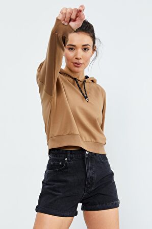 Toprak Uzun Kol Rahat Form Kapüşonlu Kadın Sweatshirt - 97115 | XXL