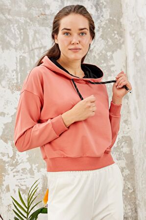 Pudra Uzun Kol Rahat Form Kapüşonlu Kadın Sweatshirt - 97115 | XL