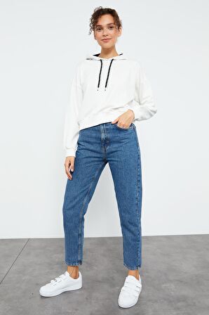 Ekru Uzun Kol Rahat Form Kapüşonlu Kadın Sweatshirt - 97115 | XXL
