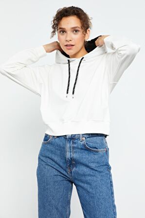 Ekru Uzun Kol Rahat Form Kapüşonlu Kadın Sweatshirt - 97115 | XXL