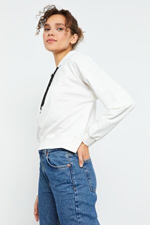 Ekru Uzun Kol Rahat Form Kapüşonlu Kadın Sweatshirt - 97115 | XXL