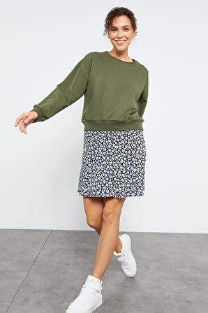 Haki Basic Rahat Form O Yaka Kadın Sweatshirt - 97114 | XXL