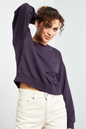 Mor Basic Rahat Form O Yaka Kadın Sweatshirt - 97114 | XXL