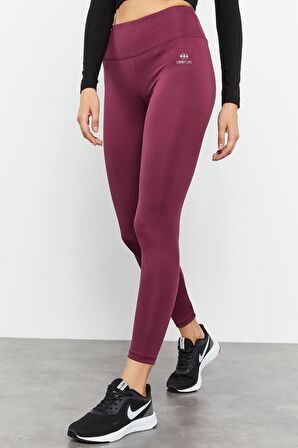 Bordo Yüksek Bel Streç Slim Fit Dar Paça Kadın Tayt - 94545 | M