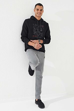 Siyah Kamuflaj Desen Baskılı Standart Kalıp Kapüşonlu Erkek Sweatshirt - 87884 | XXL