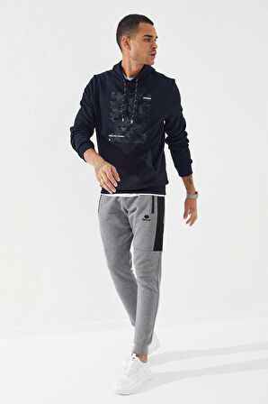 Lacivert Kamuflaj Desen Baskılı Standart Kalıp Kapüşonlu Erkek Sweatshirt - 87884 | XXL