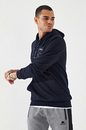 Lacivert Kamuflaj Desen Baskılı Standart Kalıp Kapüşonlu Erkek Sweatshirt - 87884 | XXL
