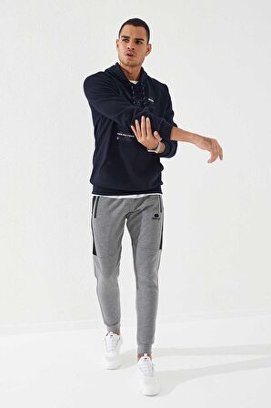 Lacivert Kamuflaj Desen Baskılı Standart Kalıp Kapüşonlu Erkek Sweatshirt - 87884 | XXL