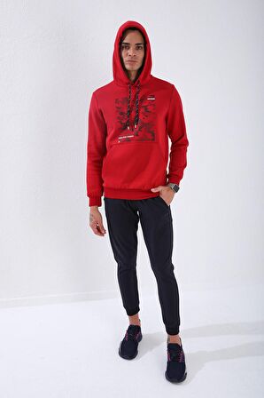 Kırmızı Kamuflaj Desen Baskılı Standart Kalıp Kapüşonlu Erkek Sweatshirt - 87884 | S