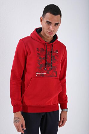 Kırmızı Kamuflaj Desen Baskılı Standart Kalıp Kapüşonlu Erkek Sweatshirt - 87884 | S
