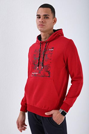 Kırmızı Kamuflaj Desen Baskılı Standart Kalıp Kapüşonlu Erkek Sweatshirt - 87884 | S
