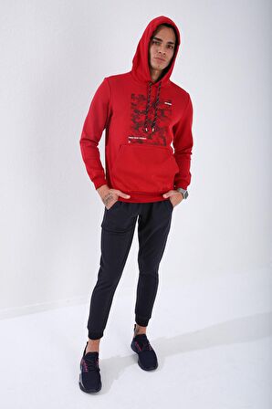 Kırmızı Kamuflaj Desen Baskılı Standart Kalıp Kapüşonlu Erkek Sweatshirt - 87884 | XL