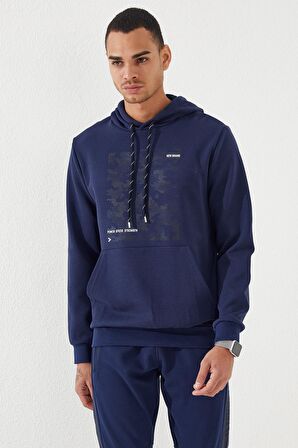 İndigo Kamuflaj Desen Baskılı Standart Kalıp Kapüşonlu Erkek Sweatshirt - 87884 | S