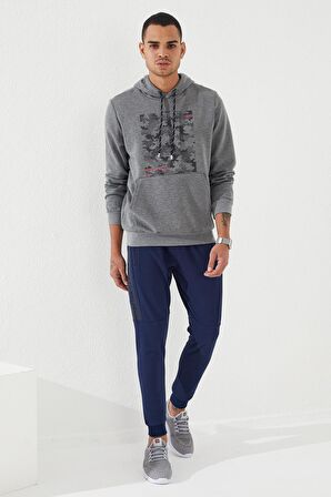 Gri Melanj Kamuflaj Desen Baskılı Standart Kalıp Kapüşonlu Erkek Sweatshirt - 87884 | XXL