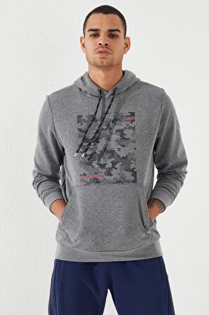 Gri Melanj Kamuflaj Desen Baskılı Standart Kalıp Kapüşonlu Erkek Sweatshirt - 87884 | XXL