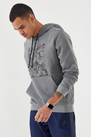 Gri Melanj Kamuflaj Desen Baskılı Standart Kalıp Kapüşonlu Erkek Sweatshirt - 87884 | XXL