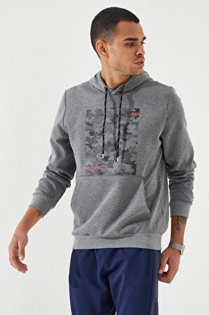 Gri Melanj Kamuflaj Desen Baskılı Standart Kalıp Kapüşonlu Erkek Sweatshirt - 87884 | XXL