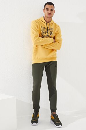 Hardal Kamuflaj Desen Baskılı Standart Kalıp Kapüşonlu Erkek Sweatshirt - 87884 | S