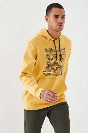 Hardal Kamuflaj Desen Baskılı Standart Kalıp Kapüşonlu Erkek Sweatshirt - 87884 | S