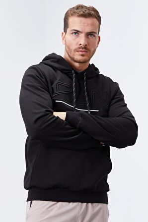 Siyah Yazı Nakışlı Standart Kalıp Kapüşonlu Erkek Sweatshirt - 87887 | XL