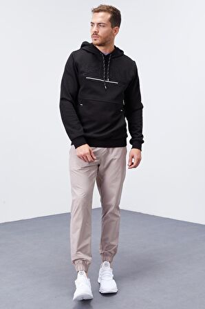 Siyah Yazı Nakışlı Standart Kalıp Kapüşonlu Erkek Sweatshirt - 87887 | XL