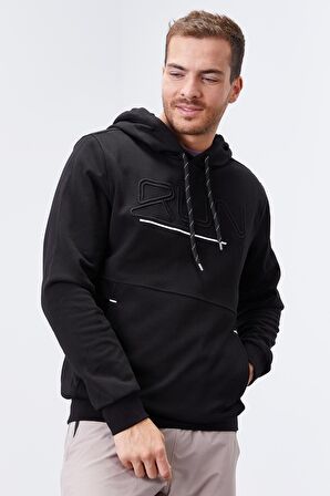 Siyah Yazı Nakışlı Standart Kalıp Kapüşonlu Erkek Sweatshirt - 87887 | XL
