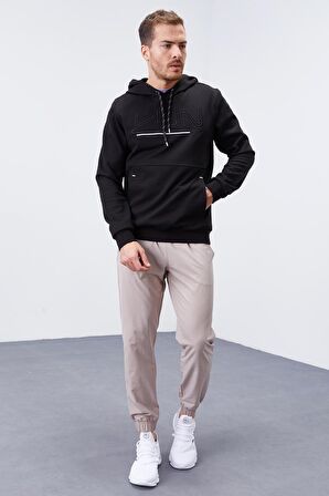 Siyah Yazı Nakışlı Standart Kalıp Kapüşonlu Erkek Sweatshirt - 87887 | XL