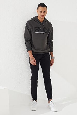 Haki Yazı Nakışlı Standart Kalıp Kapüşonlu Erkek Sweatshirt - 87887 | S
