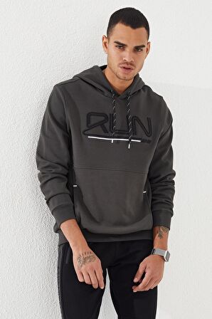 Haki Yazı Nakışlı Standart Kalıp Kapüşonlu Erkek Sweatshirt - 87887 | S