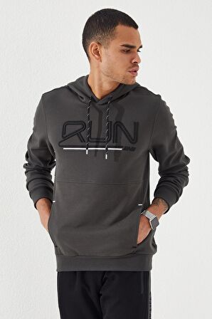 Haki Yazı Nakışlı Standart Kalıp Kapüşonlu Erkek Sweatshirt - 87887 | S