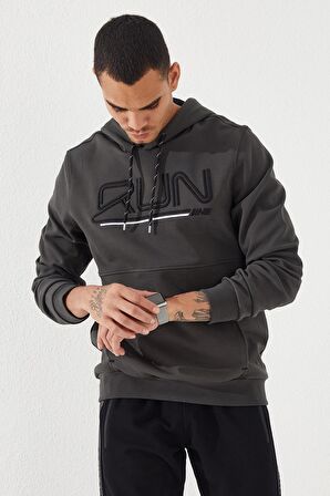 Haki Yazı Nakışlı Standart Kalıp Kapüşonlu Erkek Sweatshirt - 87887 | S