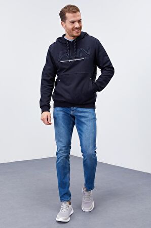 Lacivert Yazı Nakışlı Standart Kalıp Kapüşonlu Erkek Sweatshirt - 87887 | S