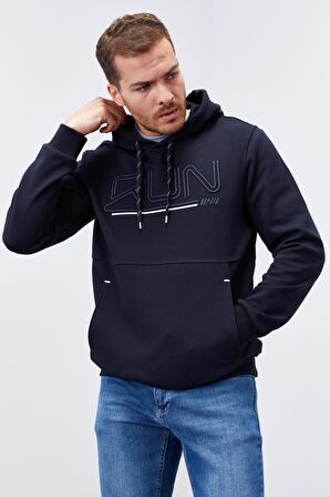 Lacivert Yazı Nakışlı Standart Kalıp Kapüşonlu Erkek Sweatshirt - 87887 | XXL