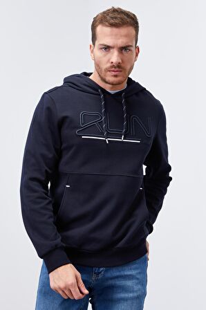 Lacivert Yazı Nakışlı Standart Kalıp Kapüşonlu Erkek Sweatshirt - 87887 | XXL