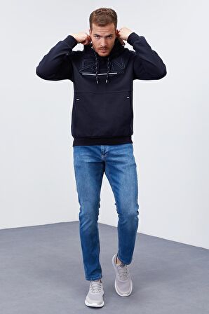 Lacivert Yazı Nakışlı Standart Kalıp Kapüşonlu Erkek Sweatshirt - 87887 | XXL