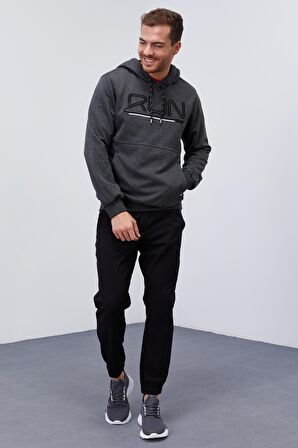 Antrasit Melanj Yazı Nakışlı Standart Kalıp Kapüşonlu Erkek Sweatshirt - 87887 | S