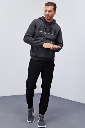 Antrasit Melanj Yazı Nakışlı Standart Kalıp Kapüşonlu Erkek Sweatshirt - 87887 | S