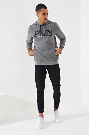 Gri Melanj Yazı Nakışlı Standart Kalıp Kapüşonlu Erkek Sweatshirt - 87887 | XL