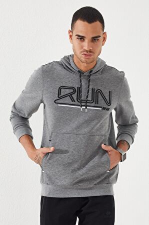 Gri Melanj Yazı Nakışlı Standart Kalıp Kapüşonlu Erkek Sweatshirt - 87887 | XL