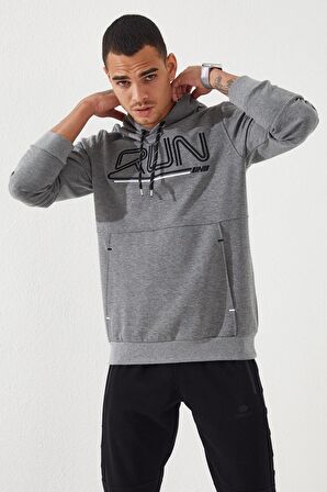 Gri Melanj Yazı Nakışlı Standart Kalıp Kapüşonlu Erkek Sweatshirt - 87887 | XL