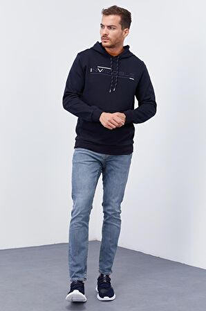 Lacivert Kanguru Cep Standart Kalıp Kapüşonlu Erkek Sweatshirt - 87883 | S