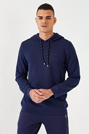 İndigo Kanguru Cep Standart Kalıp Kapüşonlu Erkek Sweatshirt - 87872 | XXL