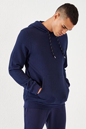 İndigo Kanguru Cep Standart Kalıp Kapüşonlu Erkek Sweatshirt - 87872 | XXL