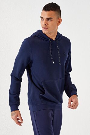 İndigo Kanguru Cep Standart Kalıp Kapüşonlu Erkek Sweatshirt - 87872 | XXL