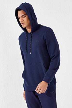 İndigo Kanguru Cep Standart Kalıp Kapüşonlu Erkek Sweatshirt - 87872 | XXL