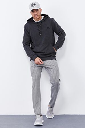 Antrasit Melanj Kanguru Cep Standart Kalıp Kapüşonlu Erkek Sweatshirt - 87872 | S