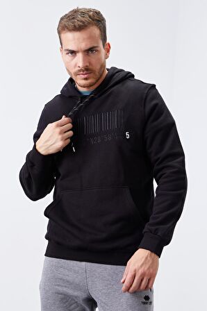 Siyah Nakışlı Kanguru Cep Standart Kalıp Kapüşonlu Erkek Sweatshirt - 87839 | S