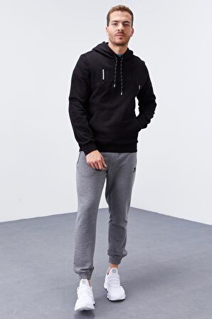 Siyah Nakışlı Kanguru Cep Standart Kalıp Kapüşonlu Erkek Sweatshirt - 87839 | S