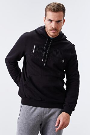 Siyah Nakışlı Kanguru Cep Standart Kalıp Kapüşonlu Erkek Sweatshirt - 87839 | S