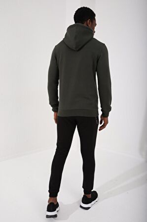 Haki Nakışlı Kanguru Cep Standart Kalıp Kapüşonlu Erkek Sweatshirt - 87839 | XXL